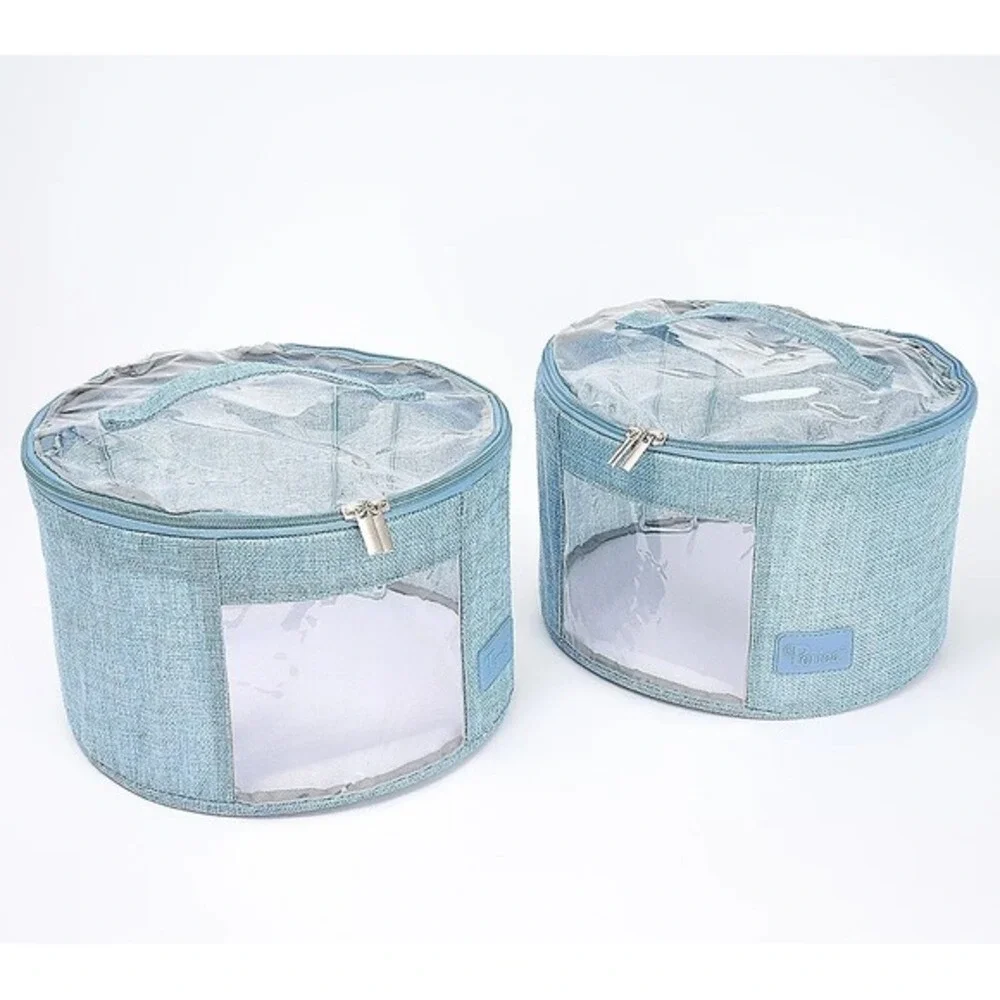 Periea Set of 2 Small Rounds Storage Container with Carrying Handles Blue Linen‎